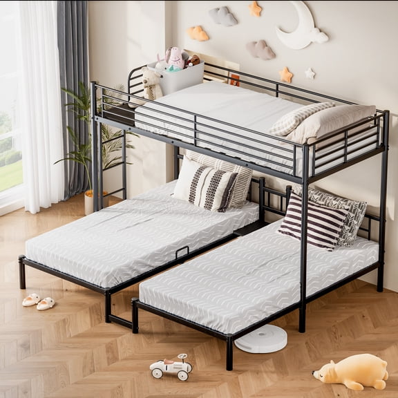 Twin XL Over Twin Over Twin Triple Bunk Bed, Heavy Duty Metal Bunk Bed Frame with Built-in Desk, Ladder & Guardrail, Under-Bed Storage, No Box Spring Needed, for 3 Juniors Teens Adults