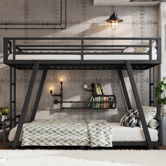 Twin XL over Twin XL Bunk Bed with 2 Side Ladders, Metal Low Profile Bunk Bed with Spdcial Support and Safety Guardrails for Bedroom, Apartment, Dorm, Mattress Not Included,Black