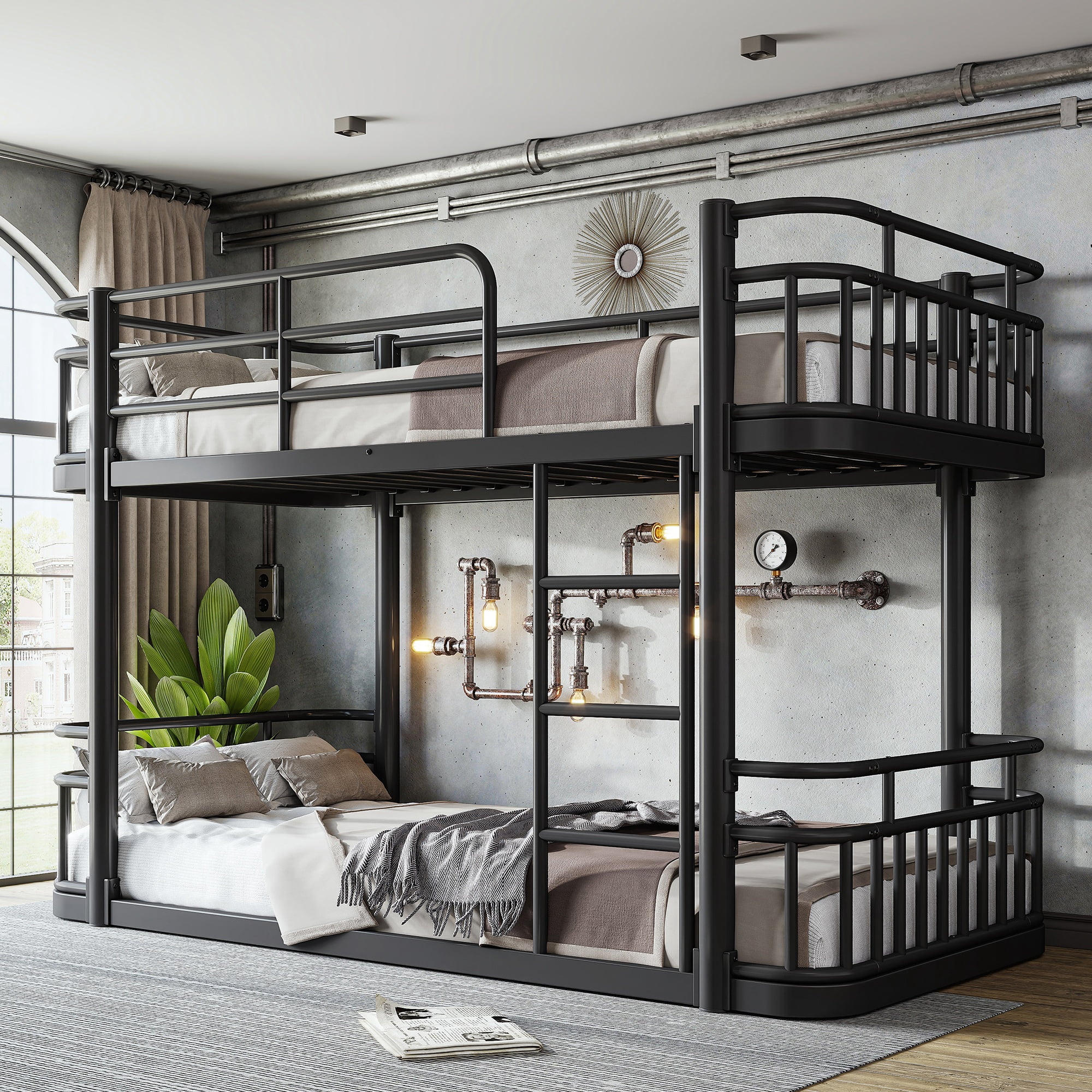 Twin XL Over Twin XL Bunk Bed 81.5 Inch, Metal Bed Frame with Ladder and Full Length Guardrails for Teens Adults, Sturdy Round Pipe Construction, No Box Spring Needed, Black