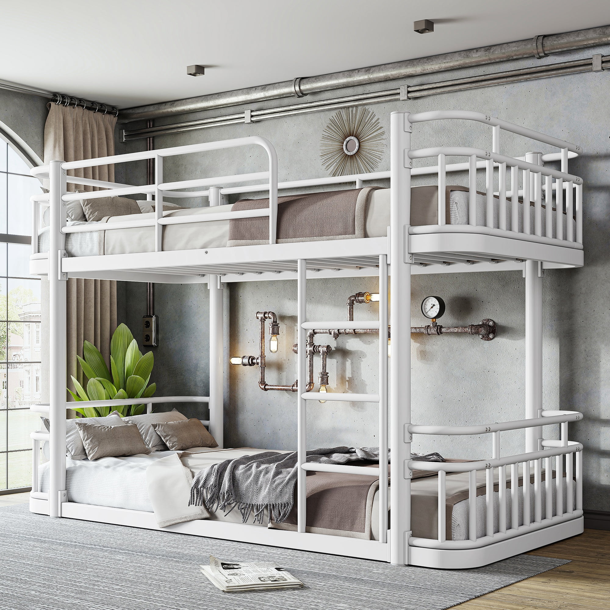Twin XL Over Twin XL Bunk Bed 81.5 Inch, Metal Bed Frame with Ladder and Guardrails for Teens Adults, Sturdy Round Pipe Construction, No Box Spring Needed, White