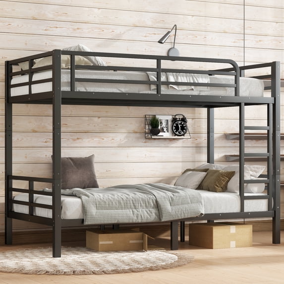 Twin XL over Twin XL Bunk Bed, Heavy Duty Metal Bunk Bed Frame with Full-Length Guardrails & Ladders, Bedroom Bunk Bed for Teens, Adults, Noise Free, Black