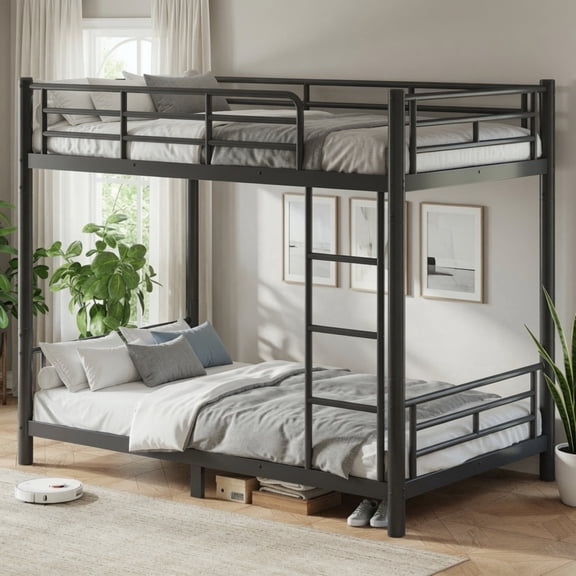 Twin XL over Twin XL Bunk Bed, Heavy Duty Metal Frame for Adults & Teens, Space-Saving Convertible Bed Frame, Noise-Reduced Slats, No Box Spring Needed, Black