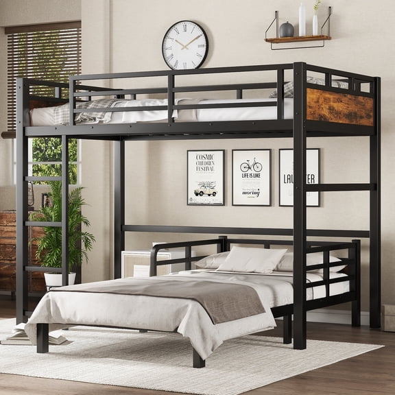 Twin XL over Twin XL Separable Metal Bunk Bed with Raised Security Fence, Convertible to 2 Independent Twin XL Platform Beds, Vintage Wood Finish for Bedroom,Ships 2 Pkgs