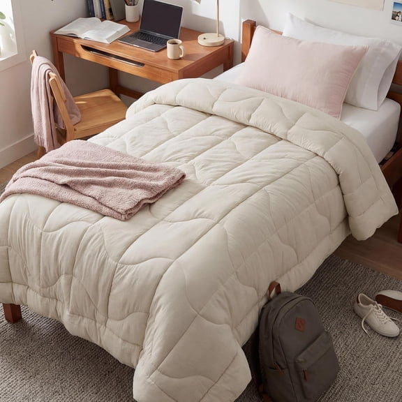 Twin XL Ultra-Soft Quilted Down Alternative Comforter Blanket with 4 Corner Tabs Cream 68 x 92 Inches