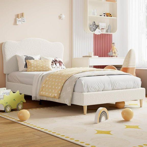 Twin XL Upholstered Bed Frame with Adjustable Boucle Headboard, Wood Slats, No Box Spring, Noise-Free, Beige
