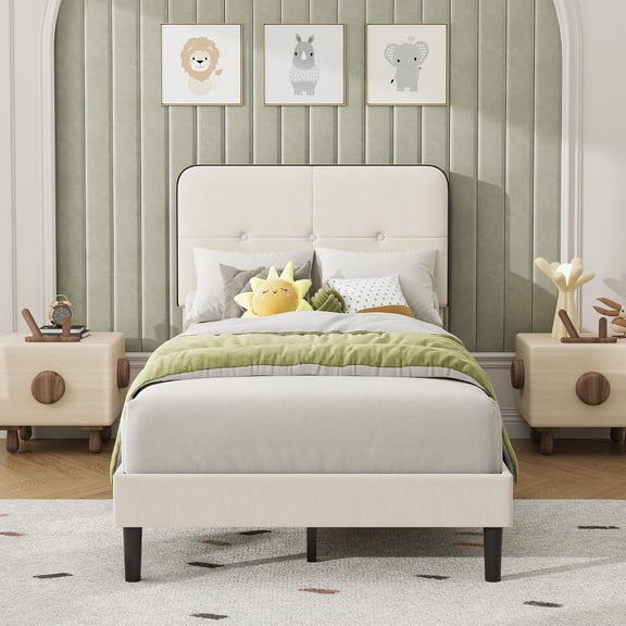 Twin XL Velvet Upholstered Platform Bed Frame, Adjustable Height Headboard, 1000 Lbs Heavy Duty Metal Support, Noise-Reducing EVA Sponge, No Box Spring Needed, Fast 30-Min Assembly, Beige