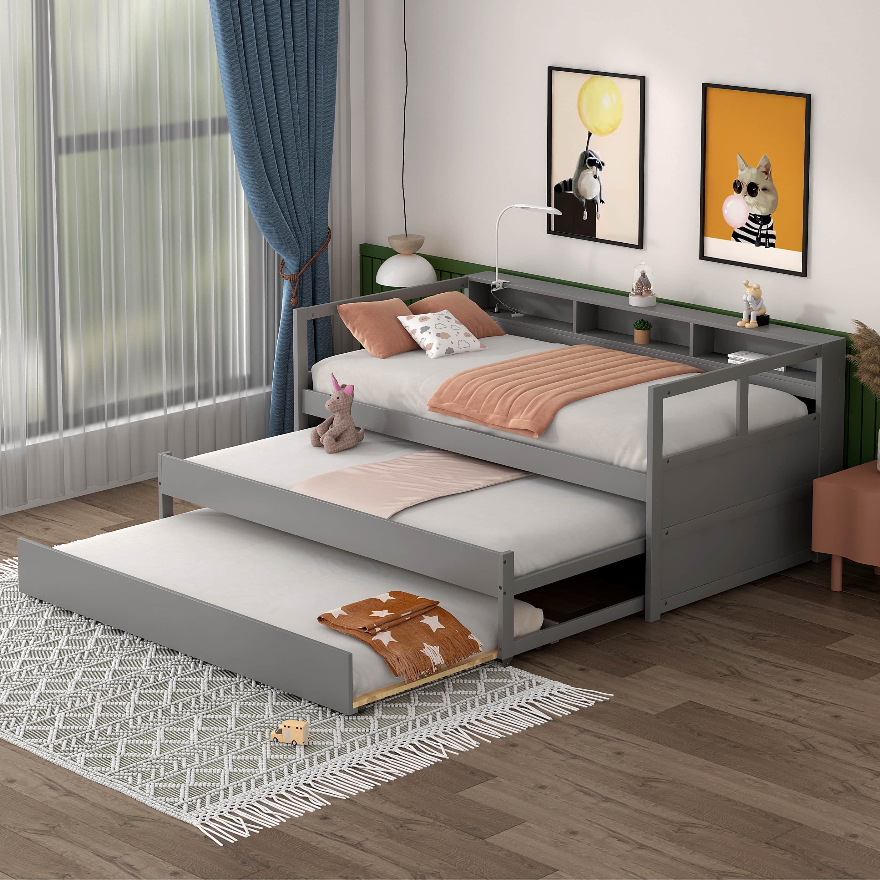 Twin XL Wood Daybed with 2 Trundles, 3 Storage Cubbies, 1 Light for