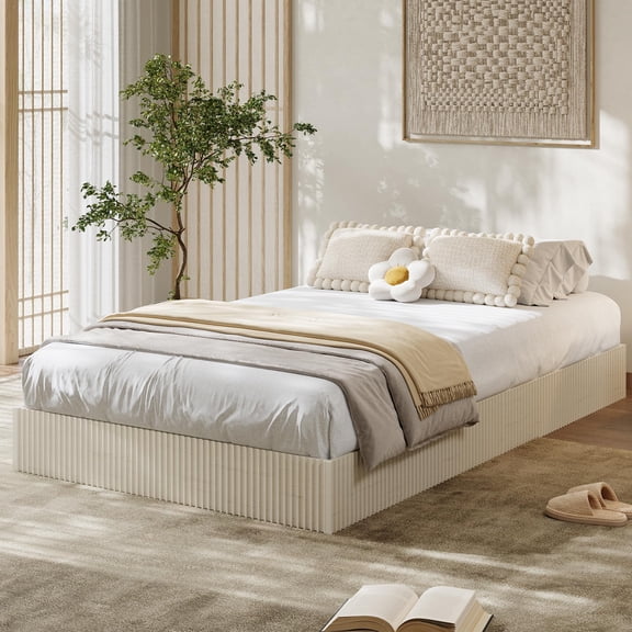 Twin XL Wood Platform Bed Frame, Fluted Design, Low Profile, Floor-Standing, No Box Spring Needed, Cream