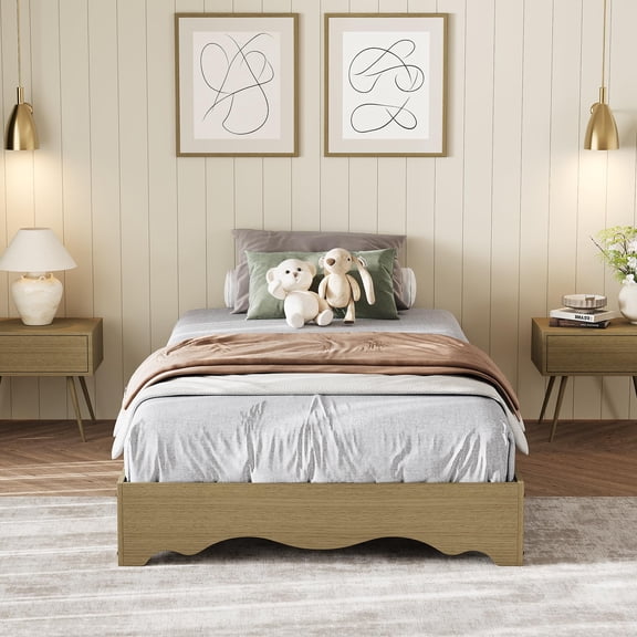 Twin XL Wood Platform Bed Frame, Low Profile Bed with Wavy Wood Design, Minimalist Bed Base Without Headboard, Noise-Free Support, No Box Spring Needed