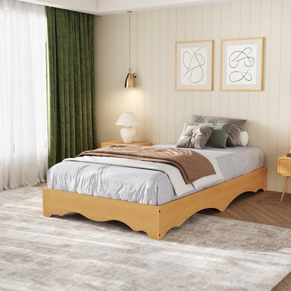 Twin XL Wood Platform Bed Frame, Wave Edge Bed with Sturdy Slat Support, Wooden Bedframe Without Headboard, Noise-Free Design, No Box Spring Needed, Easy Assembly