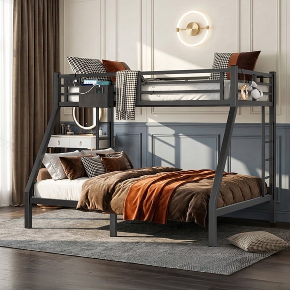 Twin XL over Queen Bunk Bed, Heavy Duty Metal Bunk Bed Frame with Charging Station, Storage Bag, 4 Removable Hooks, Guardrails and Ladder, Black