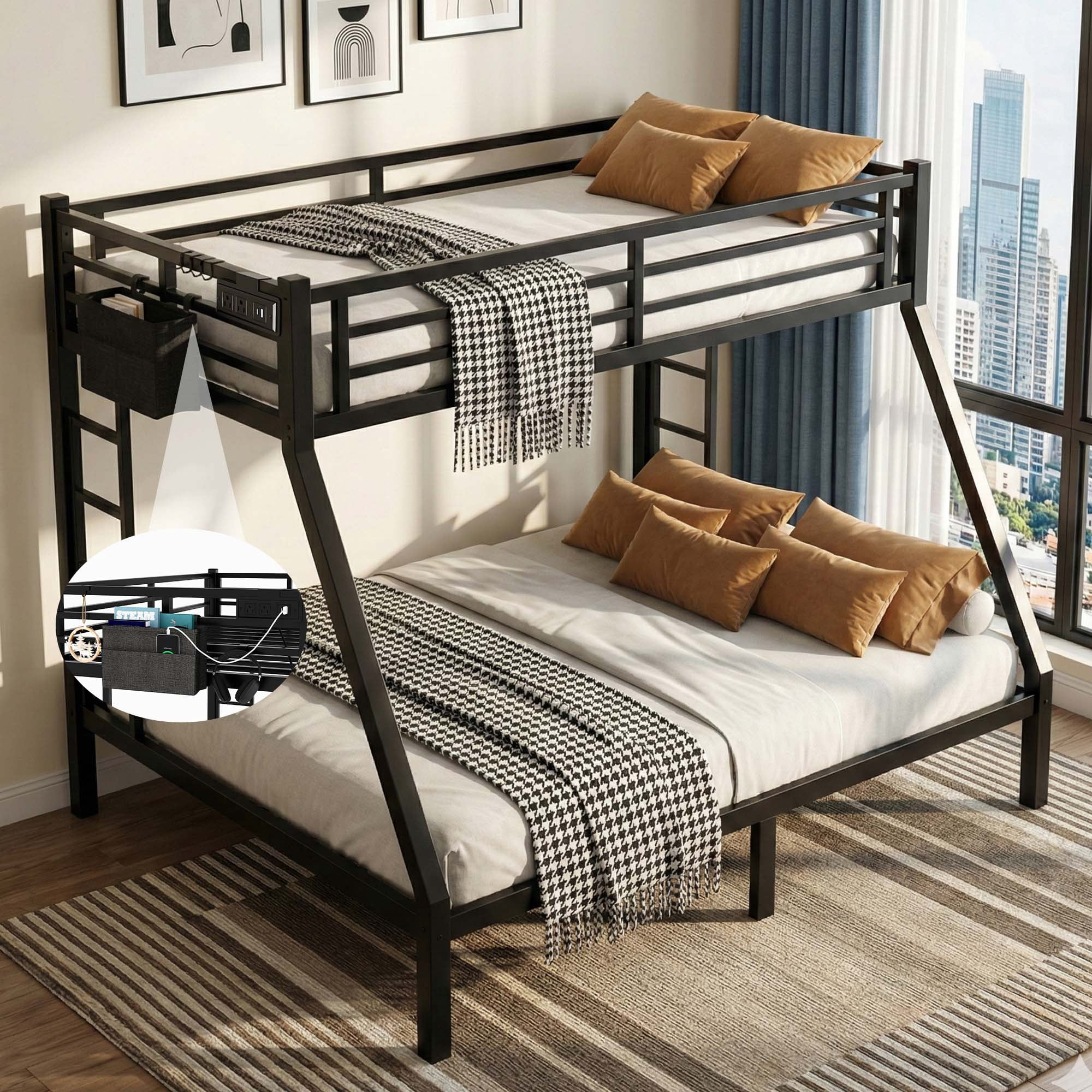 Twin XL Over Queen Metal Bunk Bed Frame with Charging Station, Storage Bag for Adult Bunk Bed, Black