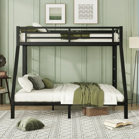 Twin XL over Queen Metal Bunk Bed, Space Saving Design with Noise Reduction, No Box Spring Needed, for Shared Spaces, Black