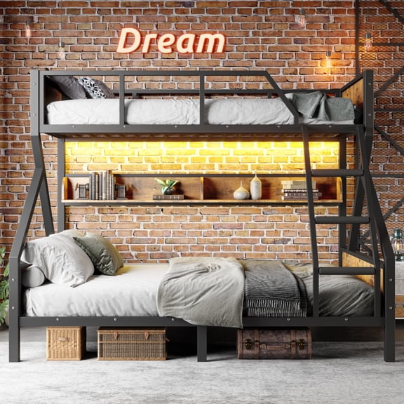 Twin XL over Queen Metal Bunk Bed - Storage Shelves, Lights & Noise-Free Design Space-Saving Family Bedroom Bed Frame,Black Woodgrain​