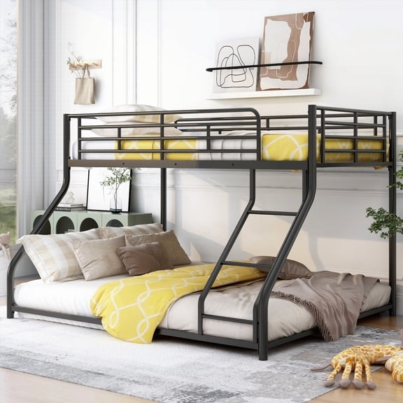 Twin XL over Queen Metal Floor Bunk Bed - Black, Easy Assembly