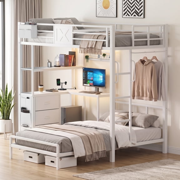 Twin XL over Twin Metal Bunk Bed with L-Shaped Desk, White