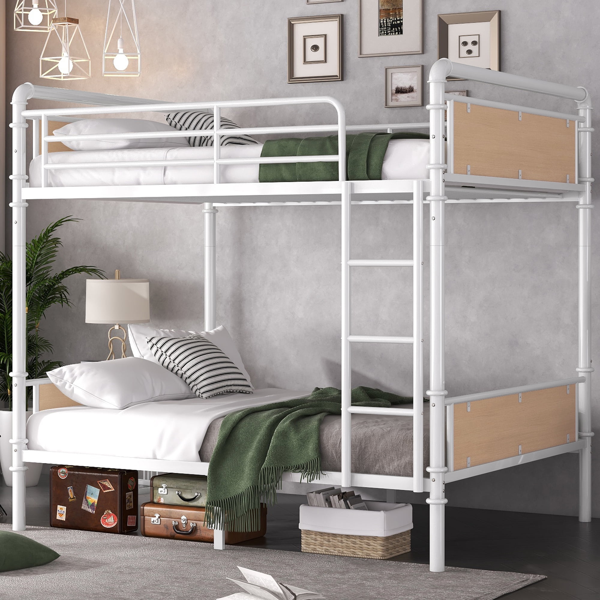 Twin XL over Twin XL Bunk Bed, Industrial Style Metal Bunk Bed with Safety Guard Rails for Teens and Adults, Easy Assembly, White