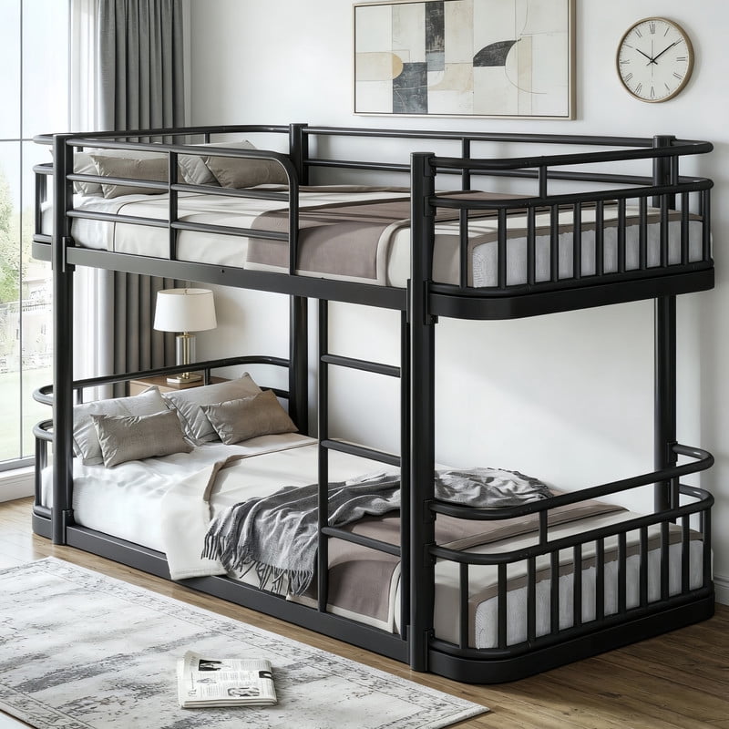 Twin XL over Twin XL Bunk Bed with Built-in Ladder & Safe Guardrails, Curved-Edge Sleek Metal Bed Frame with No Slat Floor Bed