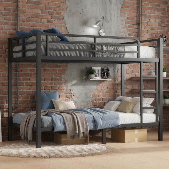 Twin XL over Twin XL Metal Bunk Bed for Teens and Adults, Heavy Duty Space-Saving Bunk Bed Frame with Noise Reduction, No Box Spring Needed, Black