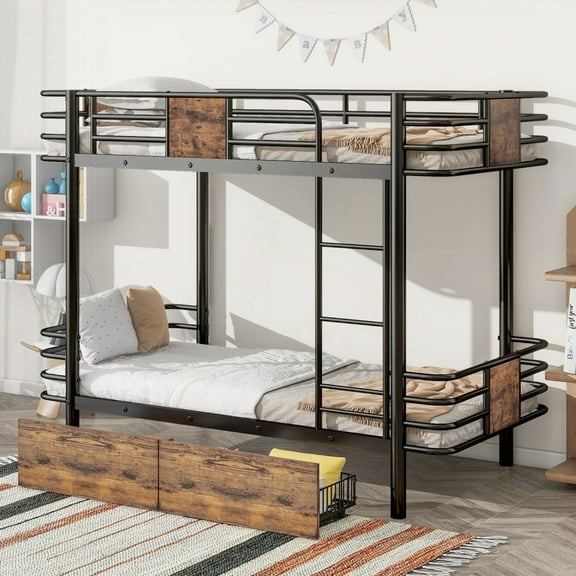 Twin XL over Twin XL Metal Bunk Bed with Black MDF Board Guardrail & 2 Storage Drawers - Industrial Style & Large Storage