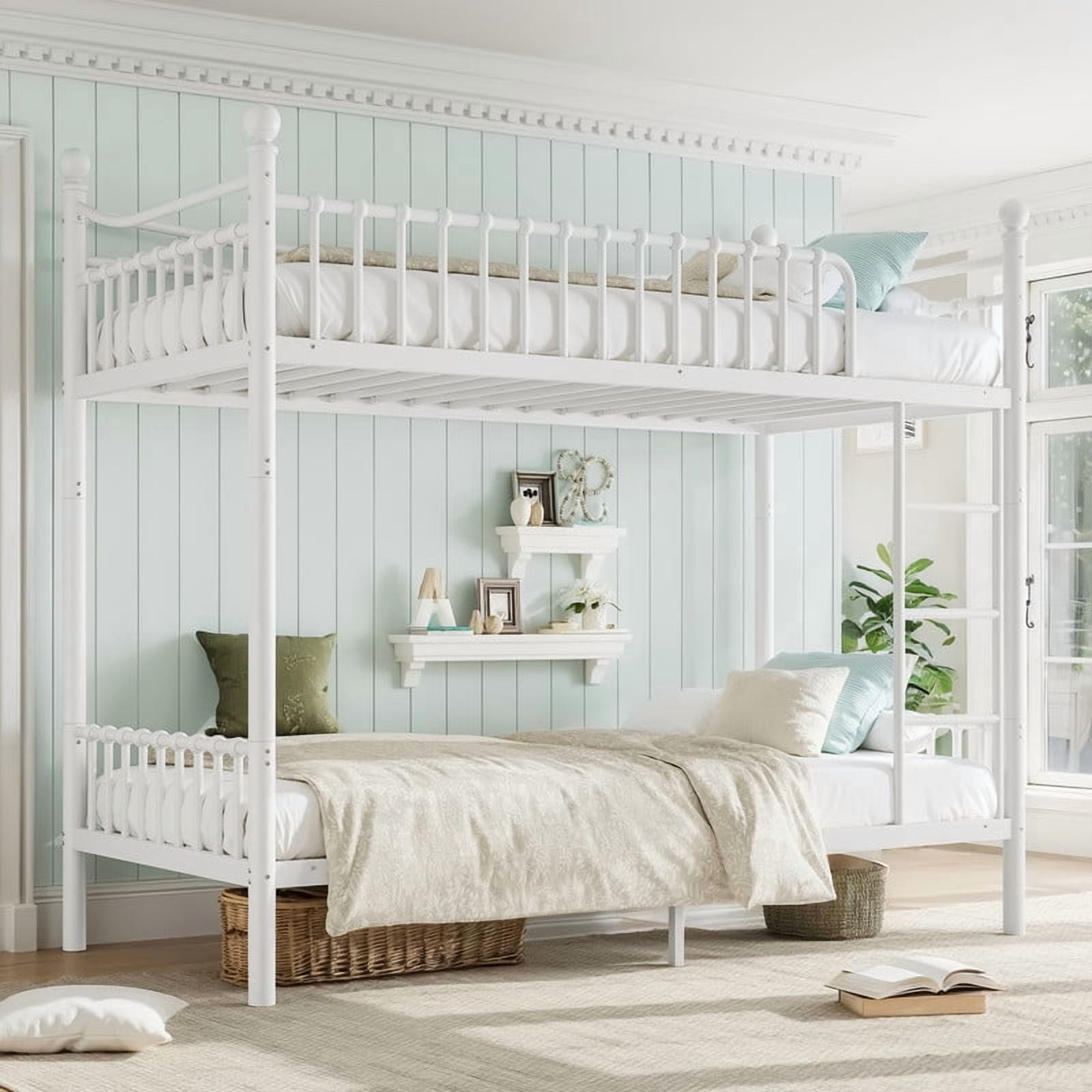 Twin XL over Twin XL Metal Bunk Bed with Curved Guardrail, Round Tube Bedpost Detachable Bed Frame for Kids, Teens & Adults