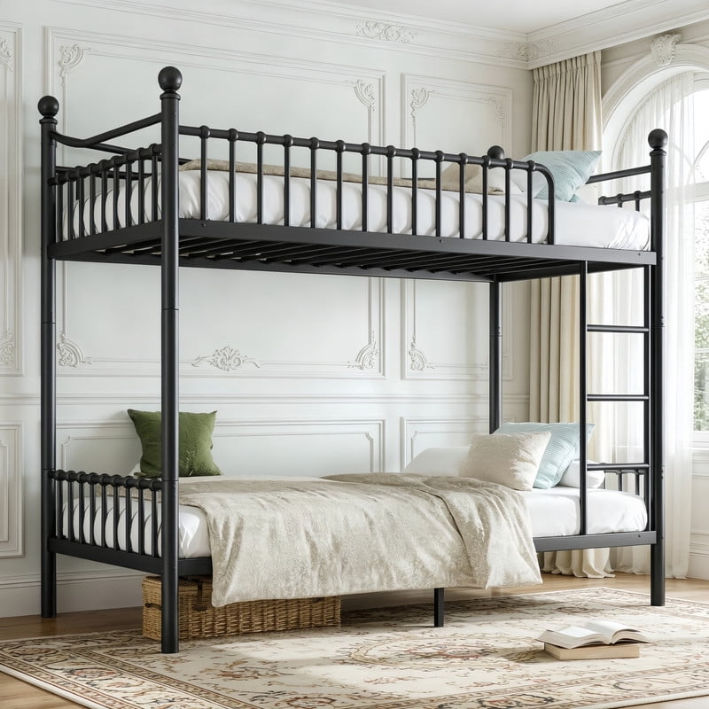 Twin XL over Twin XL Metal Bunk Bed with Curved Guardrail, Round Tube Bedpost Detachable Bed Frame for Kids, Teens & Adults