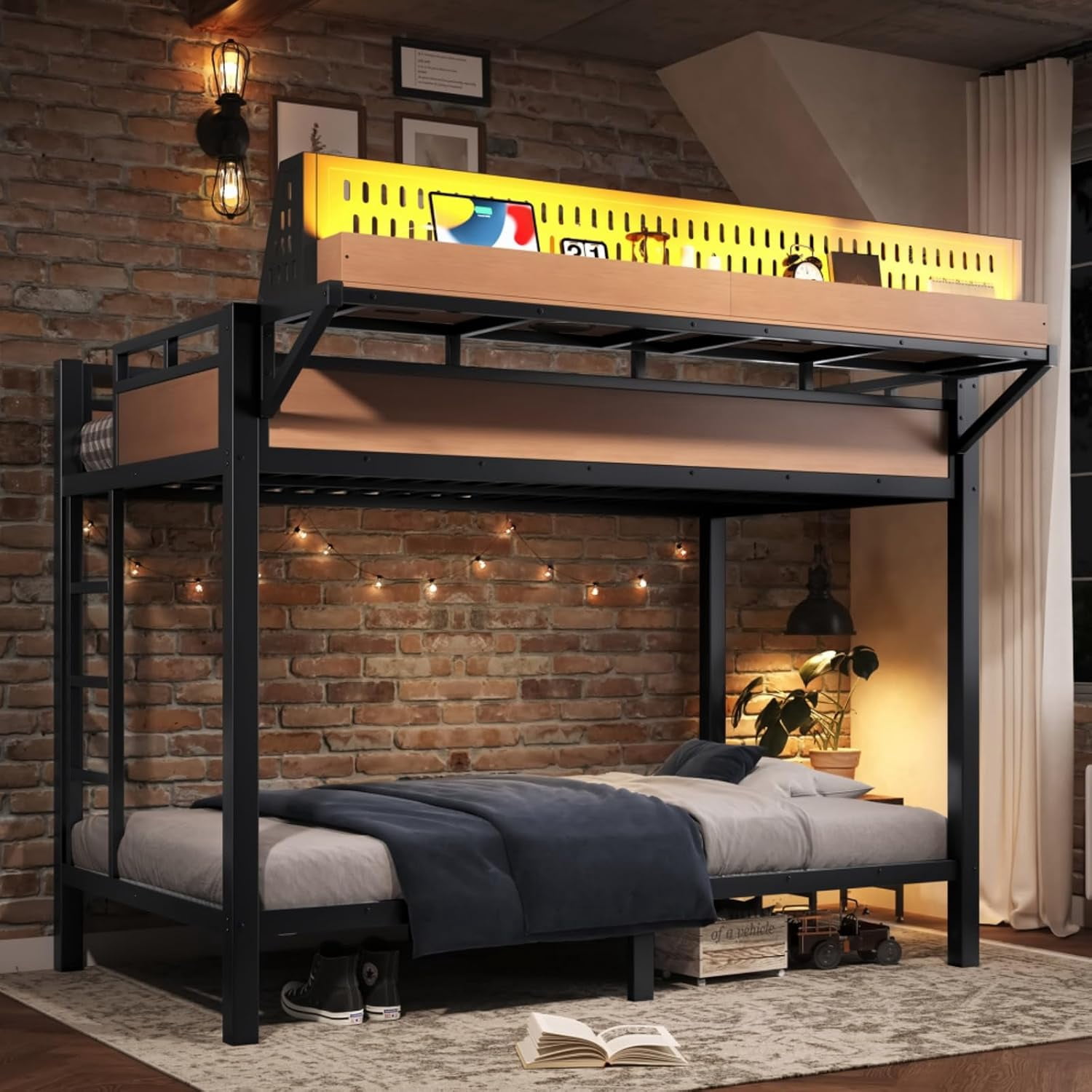 Twin XL over Twin XL Size Metal Bunk Bed with USB Ports & LED Lights, Storage Shelves, Natural