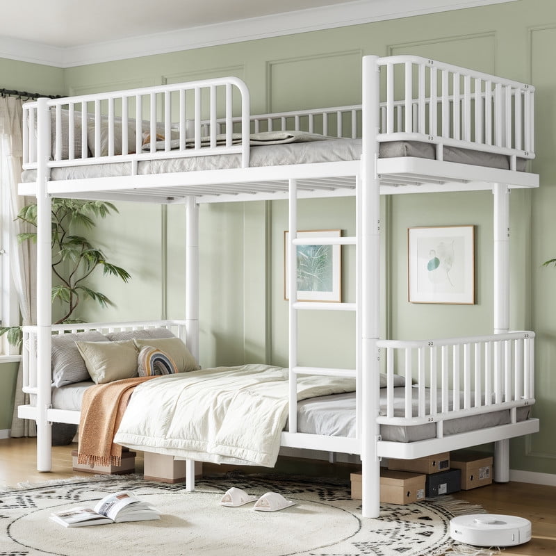 Twin XL-over-Twin XL Teens Bunk Bed Can Transformed into 2 Platform Beds, Metal Kids Bed Frame with Round-Pipe, Ladder & Guardrails