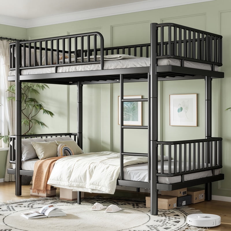 Twin XL-over-Twin XL Teens Bunk Bed Can Transformed into 2 Platform Beds, Metal Kids Bed Frame with Round-Pipe, Ladder & Guardrails
