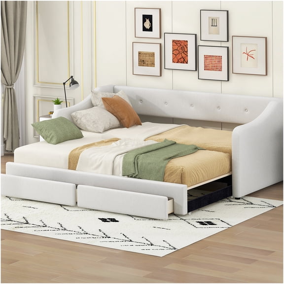 Twin XL to King Convertible Upholstered Daybed with Storage Drawers, Beige Sofa Bed
