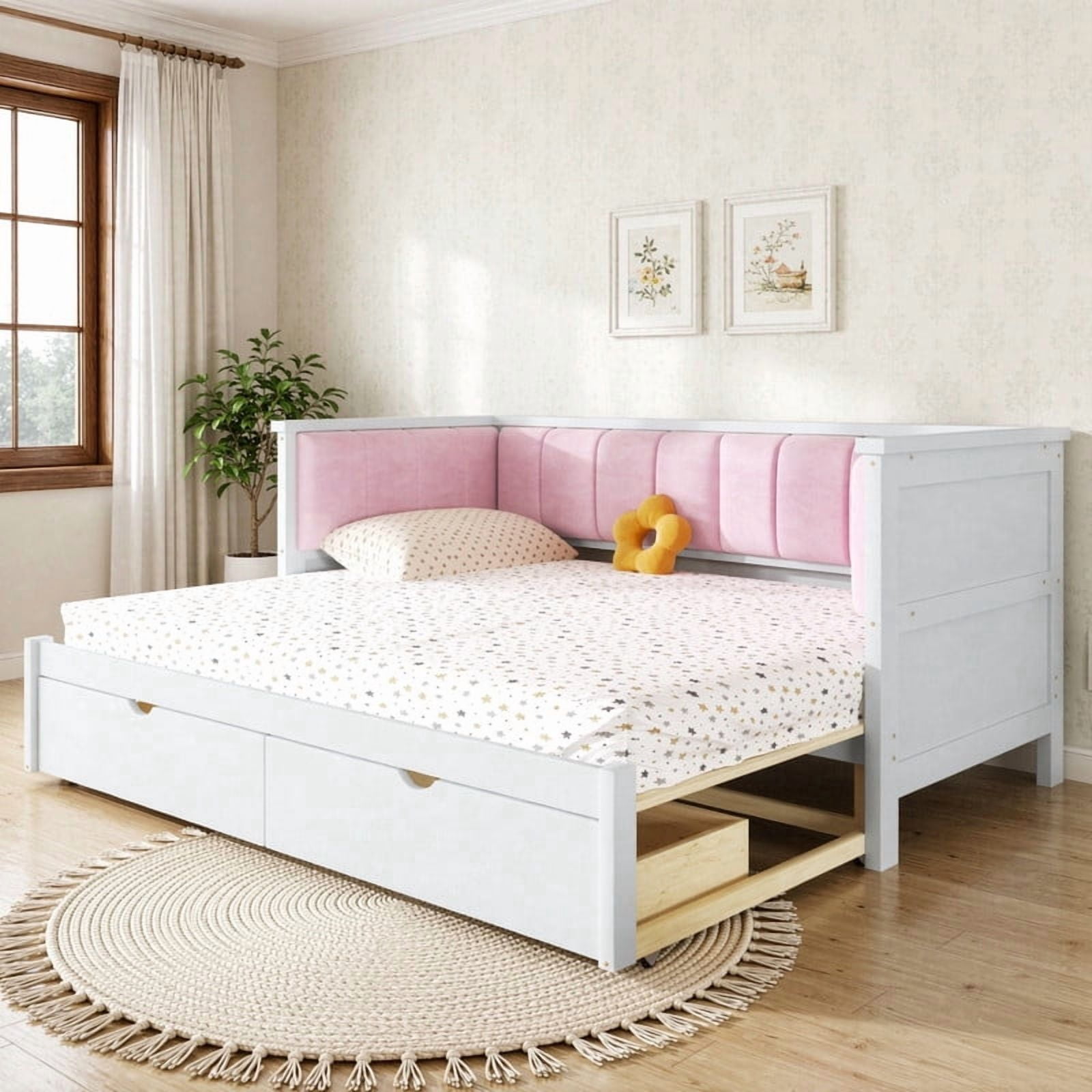 Twin XL to King Size Extendable Daybed with Two Storage Drawers, Expandable Sofa Bed Frame with Upholstered Velvet Backrest