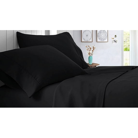 Twin-XXL Size 100% Egyptian Cotton 5 Piece Bedding, Luxury Sheet Set with 12 Inch Deep Pocket - 400TC Comfortable & Machine Washable Sheets - Black Solid.