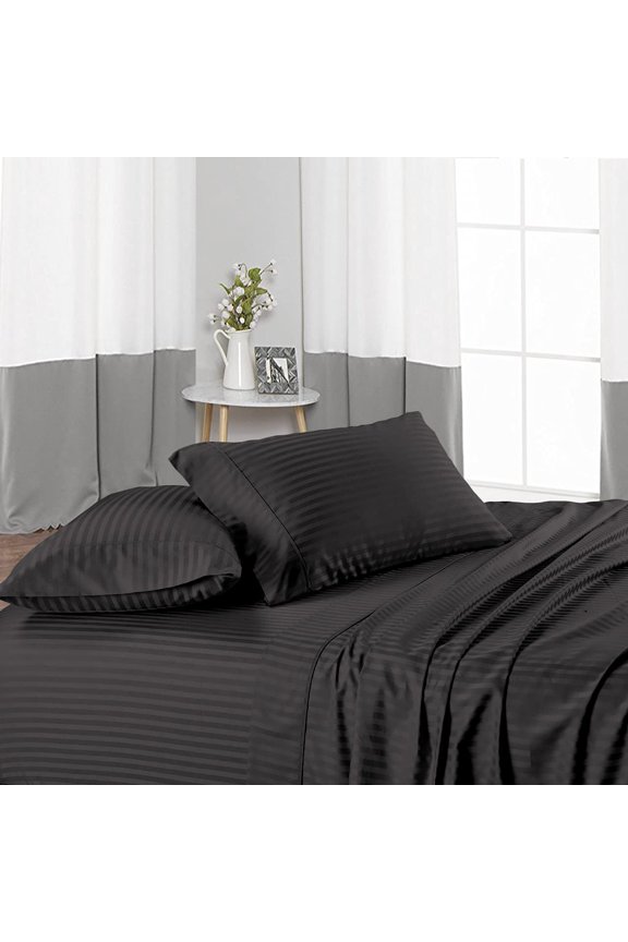 Twin-XXL Size 3 Piece Duvet Cover with 4 Piece Sheet Set - 7 Piece 100% Egyptian Cotton - Zipper Closure Quilt Cover with 16" Deep Pocket Fitted Sheet - 400TC Bedding - Dark Grey Stripe.