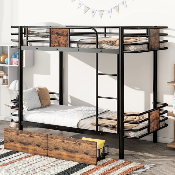 Twin Xl Over Metal Bunk Bed In Black - Board Guardrail, Ample Storage, Easy Assembly With Construction, Practical Storage