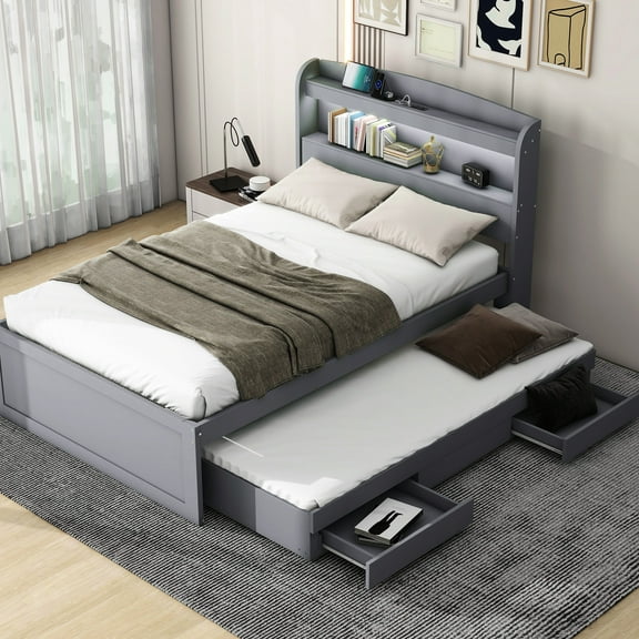 Twin Xl Size Bed With Underbed Drawer Storage, Led Headboard, Gray Storage Bright Headboard And Charging Station