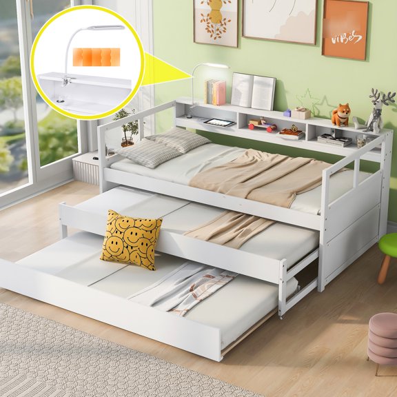 Twin Xl Wood Daybed In White, 2 Trundles, 3 Storage , Charging & , Stable Build, Space Saving