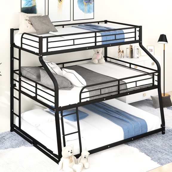 Twin Xl/full Xl/queen Triple Bunk Bed In Black With Space Concept And Full Guardrails - Metal Frame Options, Guardrails, Long & Short Comfortable