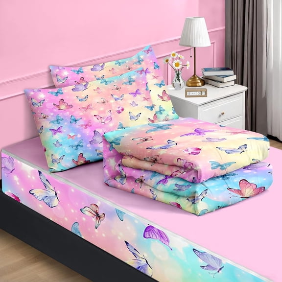 Twin Zipper Bedding, Butterfly Zipper Bedding Sets for Girls, 3pcs All in on one, Rainbow Butterflies Kids Comforter Set with Fitted Sheet and 2 Pillowcases