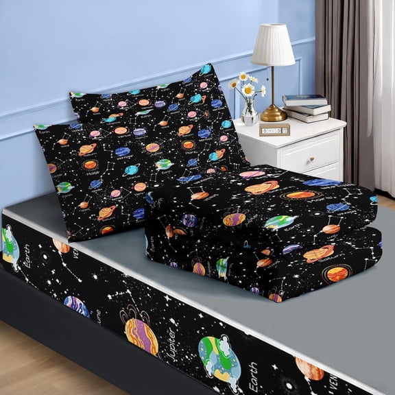 Twin Zipper Bedding, Space Galaxy Zipper Bedding Sets for Boys, 3pcs All in one, Planets Moon Stars Kids Comforter Set with Fitted Sheet and 2 Pillowcases