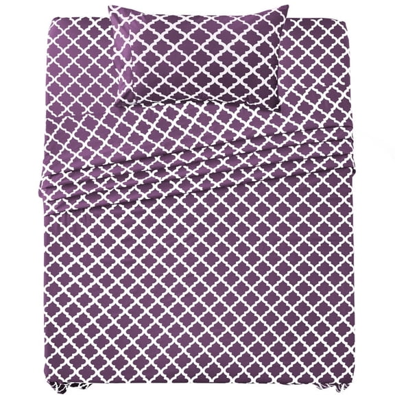 Lux Decor Twin Bed Sheet Set 3 Piece, Soft Microfiber, Deep Pockets - Quatrefoil Pattern, 1 Fitted & 1 Flat Sheet, 1 Pillowcase, Purple