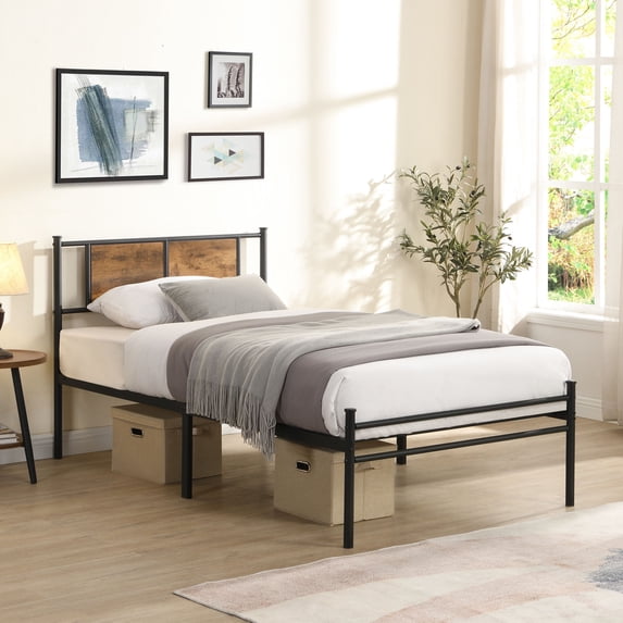 Twin black metal bed with decorative wood headboard - Strong structure, under-bed storage, no need for box spring