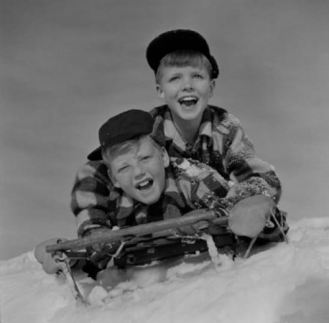 Twin boys sledging Canvas Art - (18 x 24)