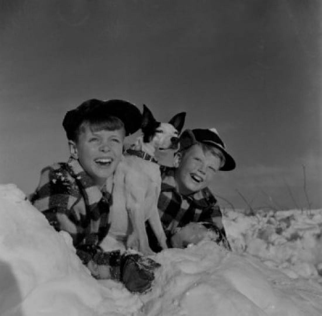 Twin boys with pet dog Canvas Art - (18 x 24)