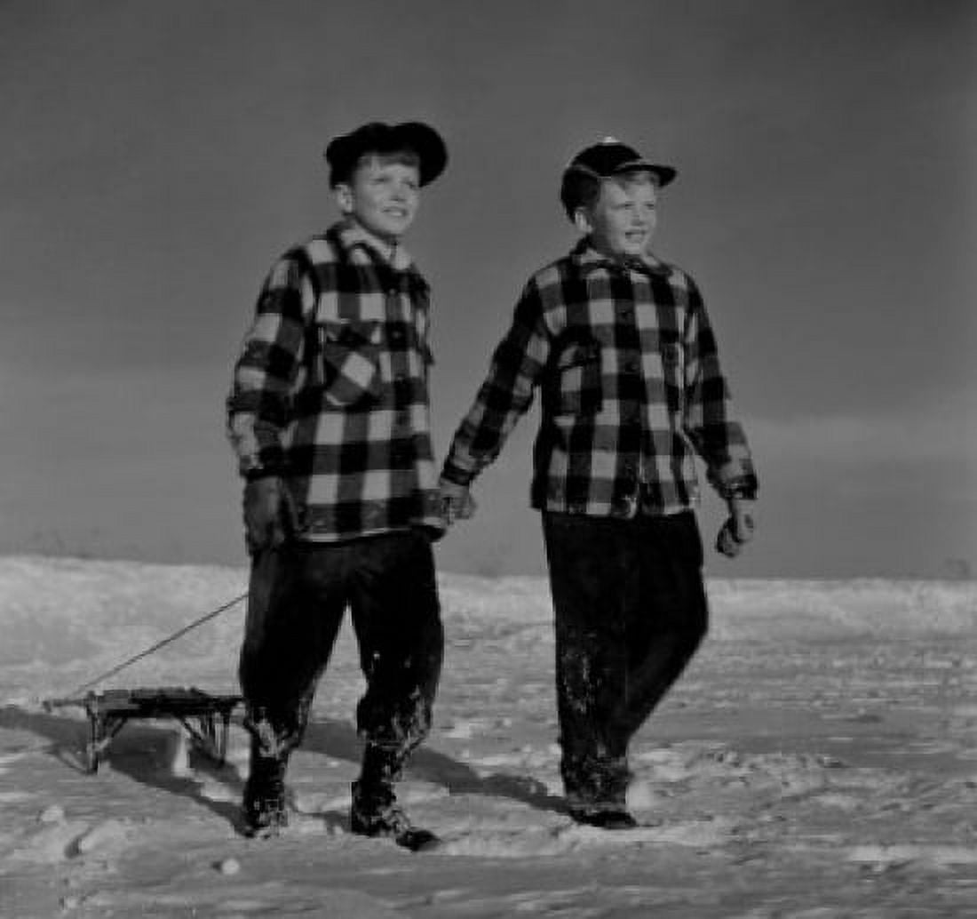 Twin boys with sledge Canvas Art - (24 x 36)