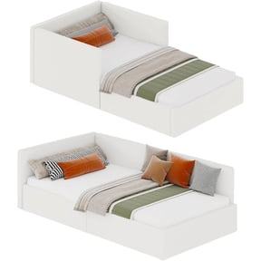 Twin daybed with headboard, Corner Bed Frame with Bed Rails, Velvet Upholstered Sofa Bed with Guardrail for Bedroom, Guest Room, Adjustable Installation, Wooden Slats Support, Beige