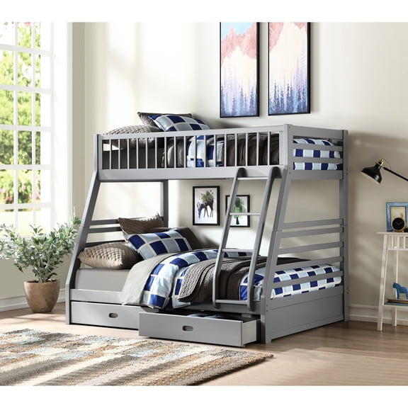 Twin/full Bunk Bed With Storage - Gray, 6+6 Slat System, Convertible Style, Right , Full Guard, Pine Wood Frame In Gray Twin/full, Option, Support, 2 Drawers,
