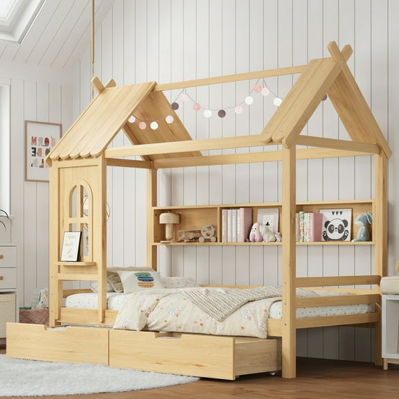 Twin house Beds with Storage Drawers and Window, Solid Wood House Platform Bed Frame with shelves, for Girls, Boys, No Spring Box Needed , Natural