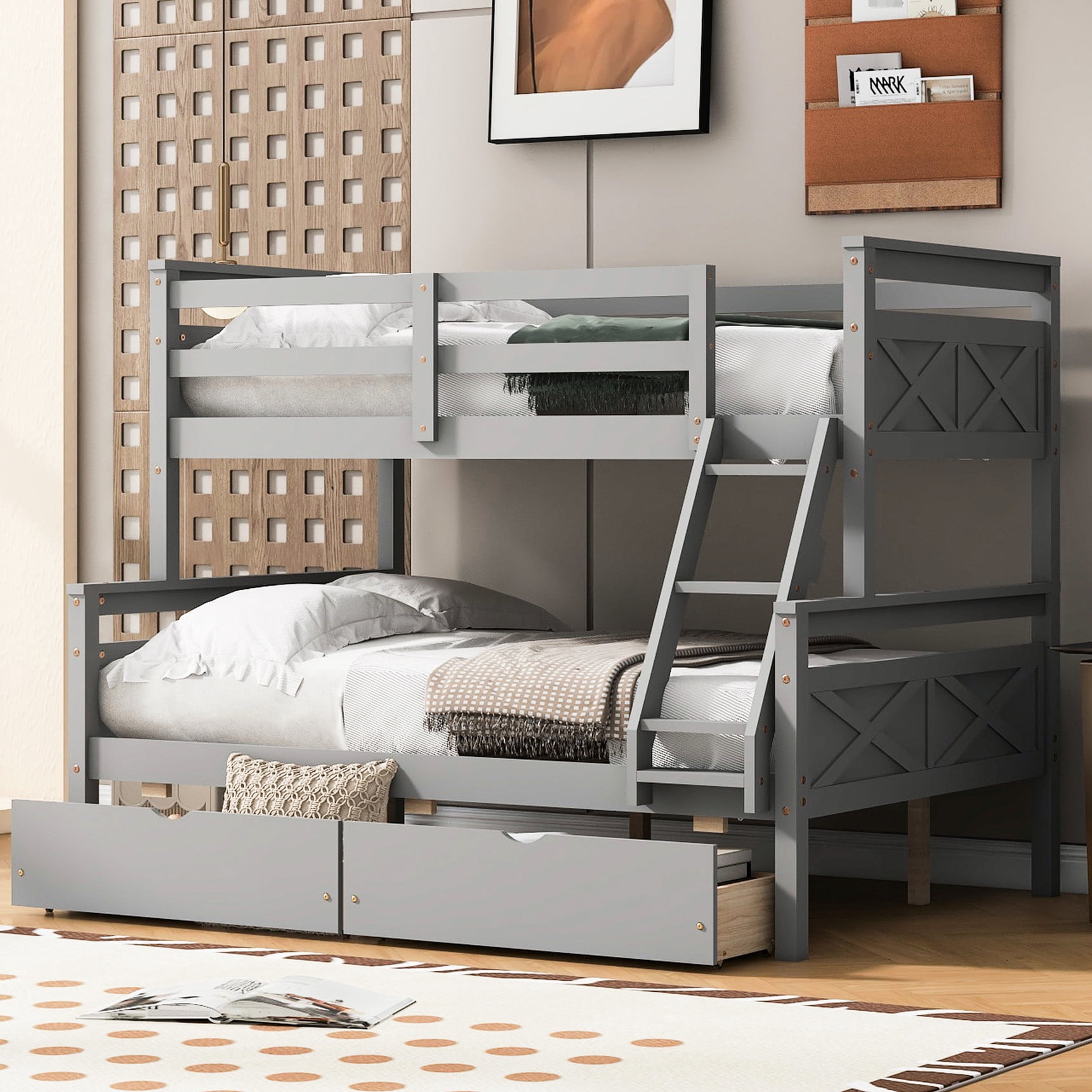 Twin over Full Bunk Bed / Gray Color, with Ladder, Two Storage Drawers ...