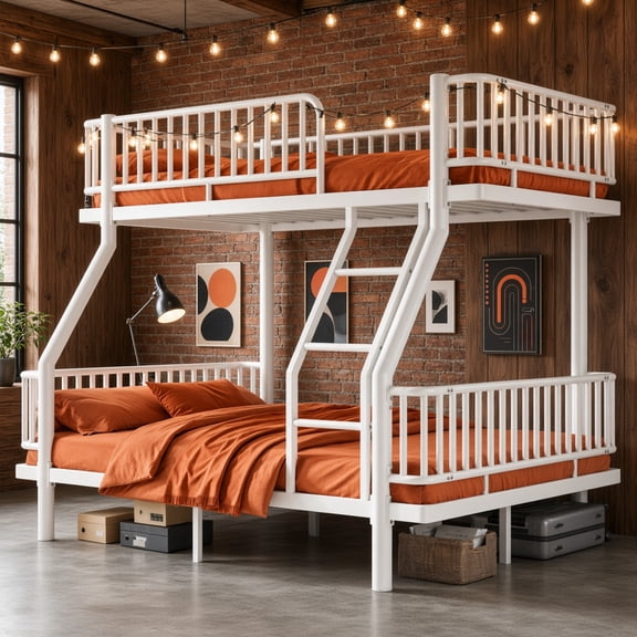 Twin over Full Bunk Bed, Heavy Duty Metal Frame, Guardrails & Ladder, Space-Saving, Teens Adults, White