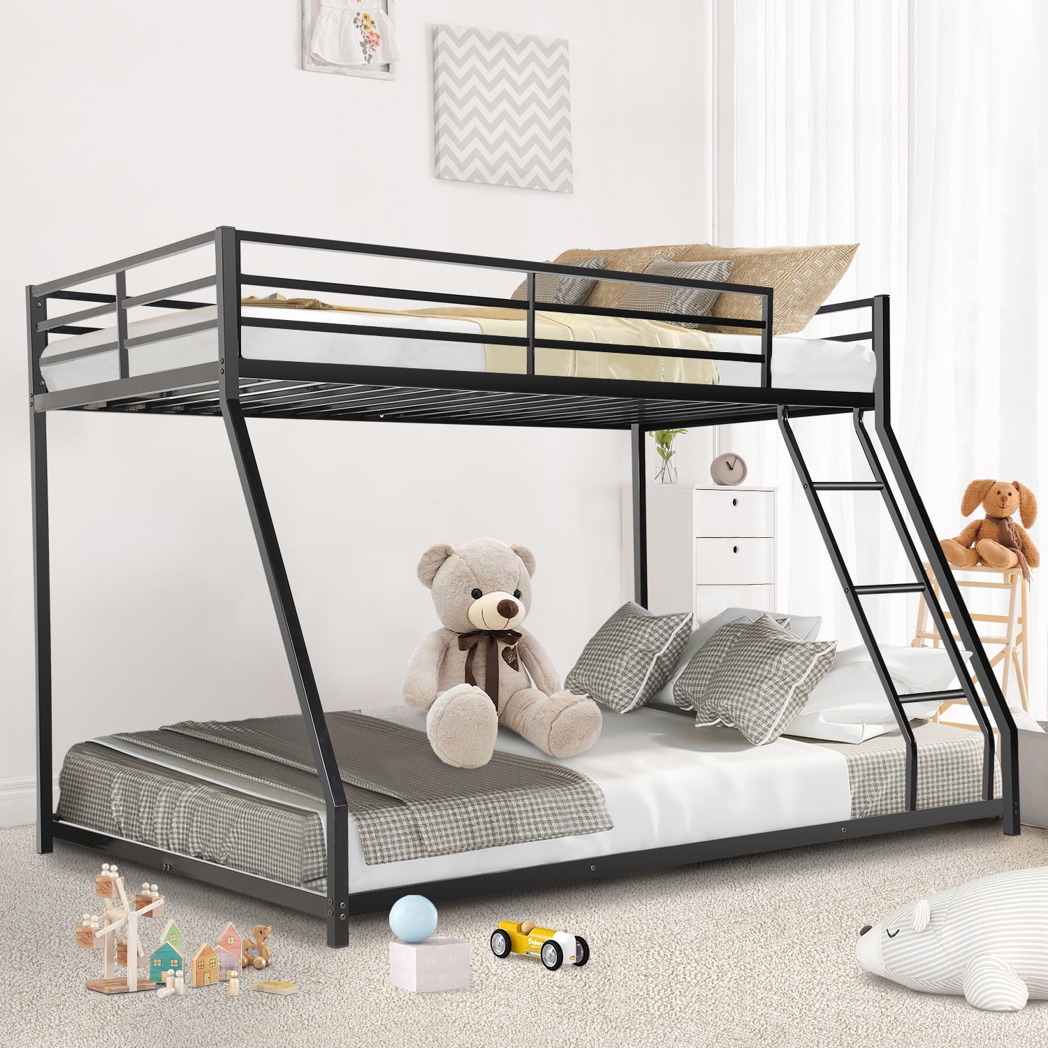Twin over Full Bunk Bed Metal Bunk Bed Frame Noise Free Floor Bunk Beds with Guardrails Ladder for Kids Teens Adults No Box Spring Needed Black
